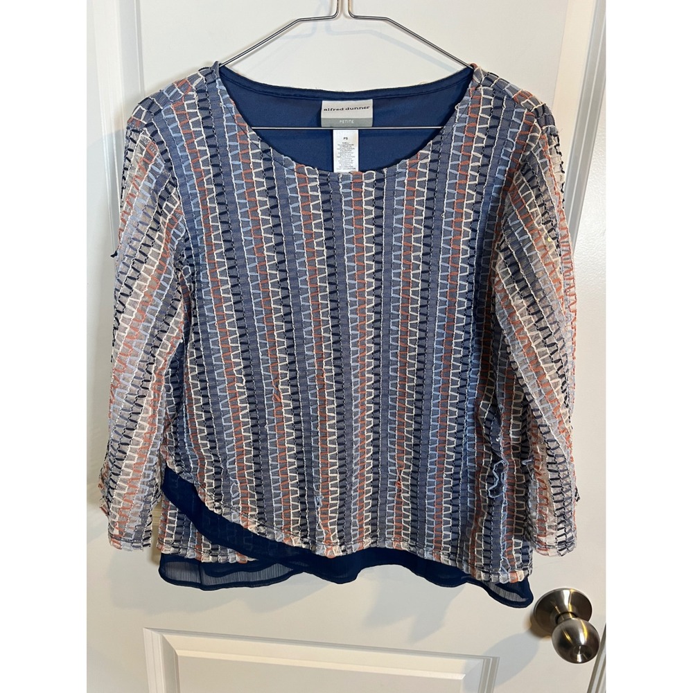 Alfred Dunner Womens Blouse Mesh Geometric Blue PS